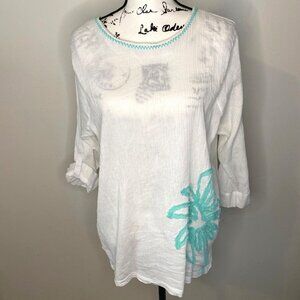 Sun Bay Cotton Top White Crinkle 3/4 Sleeve Tunic Chenille  Palm Size P XL